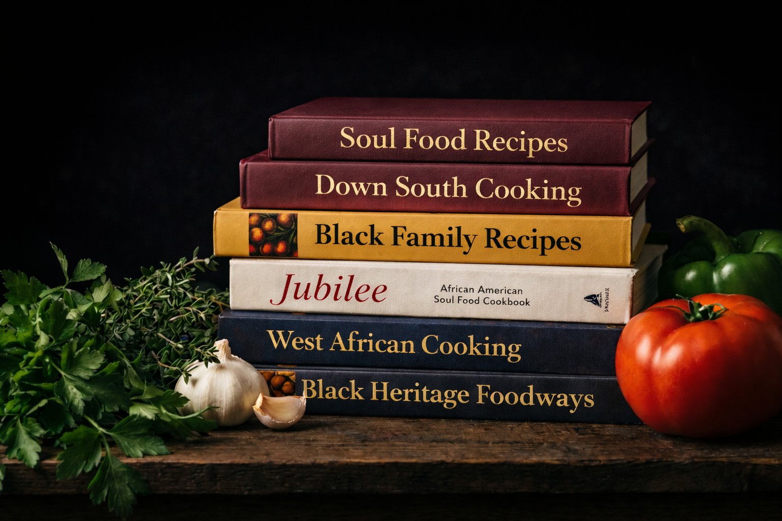 Stack of historic books on African American culinary heritage